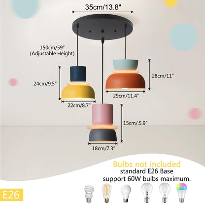Qufute Nordic Modern Pendant Light Macaron Color Mid Century Hanging Light Fixture with Aluminum Shade Colorful Chandelier Ceiling Pendant Lights for Dining Room Kitchen (3-Light)