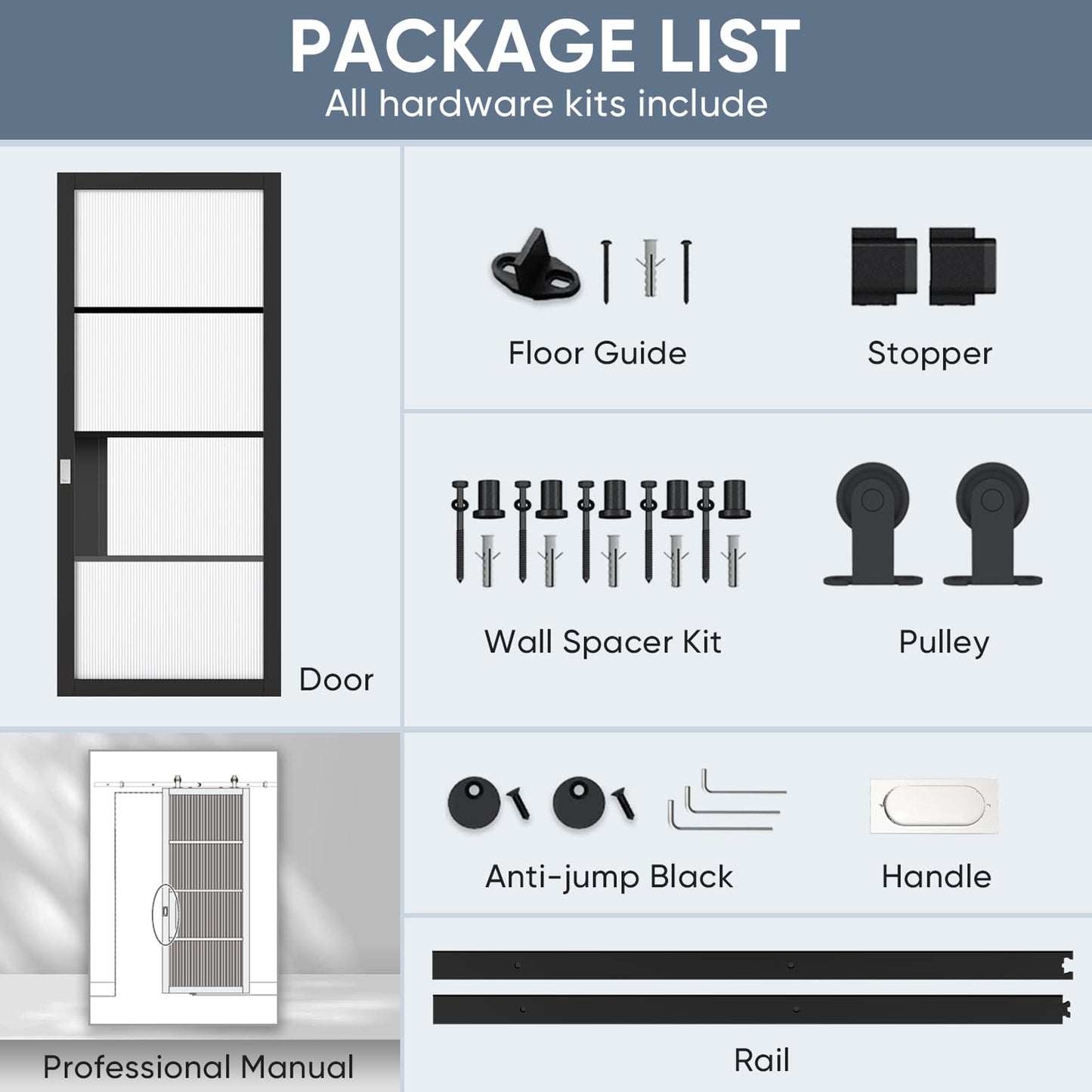 JUBEST 36"x84" Glass Barn Door, 4-Panel Reeded Safety Glass & Matt Black Painted Wood Frame Door Slab with 6FT Hardware Kits & Handles, Wear-Resistant & Scratch-Resistant, Preassembled
