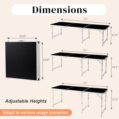 6ft Lightweight Aluminum Folding Table - Portable Wood Grain Design for Indooroutdoor Use - Ideal for Camping, Bbqs, Picnics, Parties, and Events (Black) Black