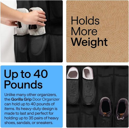 GORILLA GRIP Over The Door Shoe Organizer - 35 Large Breathable Mesh Pockets | Space-Saving Storage 68.5H x 24.5W Black