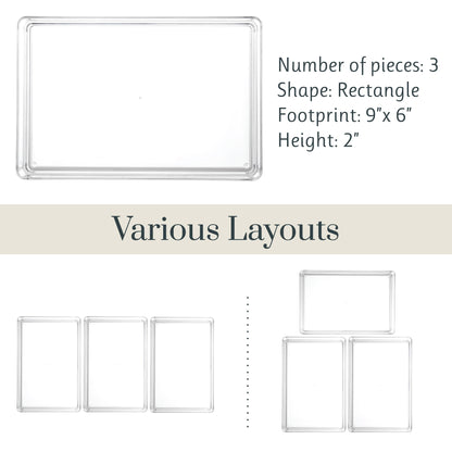 STORi SimpleSort 3-Piece Stackable Clear Drawer Organizer Set | 9" x 6" x 2" Rectangle Trays | Wide Makeup Vanity Storage Bins and Office Desk Drawer Dividers | Made in USA