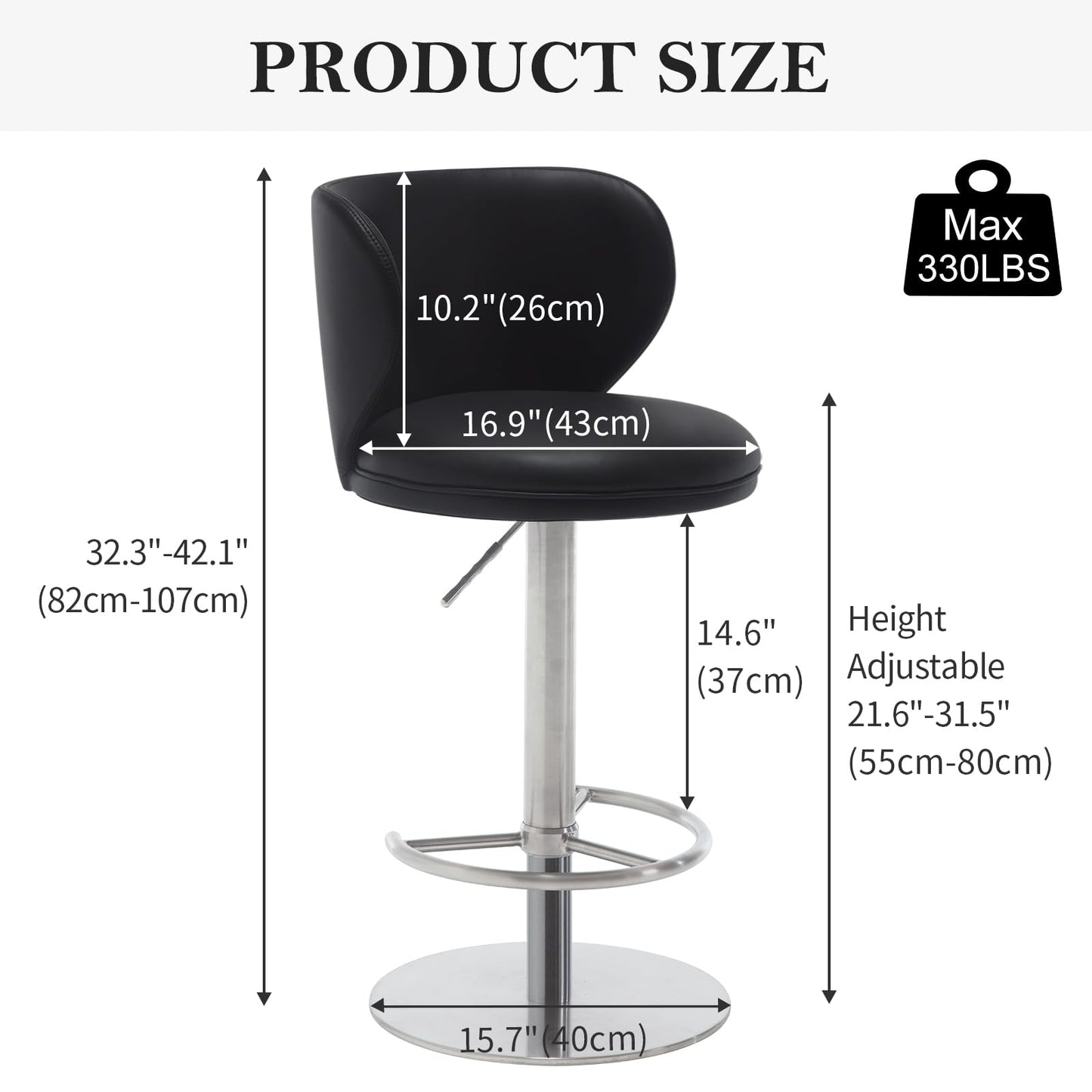 AULIFE Stainless Steel Bar Stools,Grade Modern Leather Bar Chair with Backrest,Swivel Adjustable Height for Kitchen Counter and Dining Room (Black Leather-1pc)
