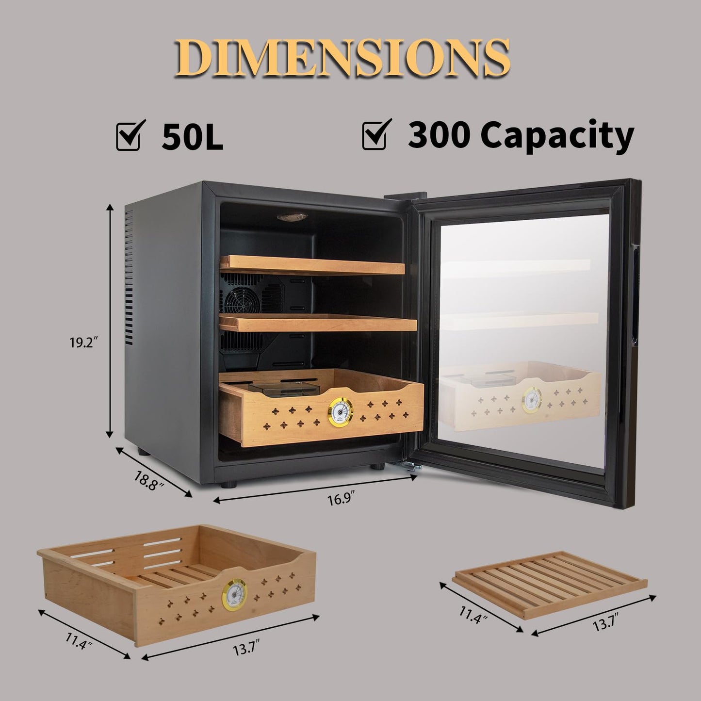 50L Electric Cigar Humidor, 300 Counts LED Lighted Temperature Control Cigar Storage Cabinet with Spanish Cedar Wood Shelves