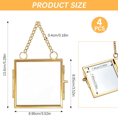 Orepzinc 4 Pcs Mini Brass Wall Hanging Photo Frame, Square Glass Hanging Picture Artwork Display Frame, Double Glass Floating Frame Style Gallery Wall for Picture, Pressed Flower (3.5x3.5 inch)