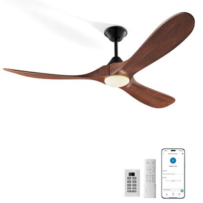 Wall Switch-60 inch Outdoor Ceiling Fan with Light Remote for Patios, Wet Rated Wood 3-Blade Propeller Ceiling Fans, Smart APP, High CFM 6-Speed DC Motor for Exterior Indoor, 3 LED Glass Lamp, Walnut