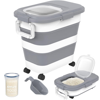 HOYTAMDA 25-35Lbs Rice Container,Collapsible Airtight Food Storage Containers with Wheels,Handle,Rice Storage Container with Small Bin and Scoop,Rice Dispenser for Flour Sugar Cereal Grain Dog Cat