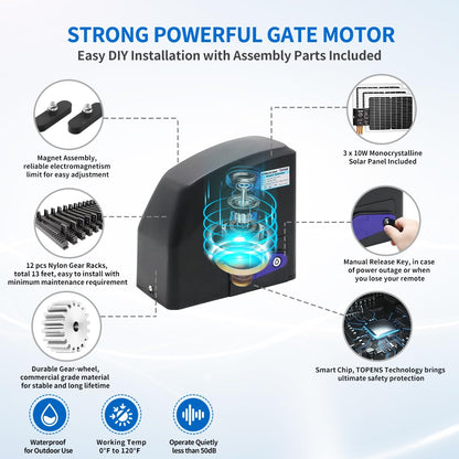 TOPENS DKR500ST Solar Sliding Gate Opener Rack Drive Automatic Gate Motor for Heavy Driveway Slide Gates Up to 1300 Pounds, Electric Gate Operator Battery Powered with Solar Panel Remote Control Kit