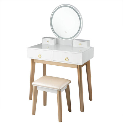 FANTASK Vanity Table Set, LED Lighted Makeup Table w/ 3 Color Round Lighting Mirror Touch Screen 4 Drawers, Makeup Dressing Table w/Cushioned Stool for Bedroom (White)