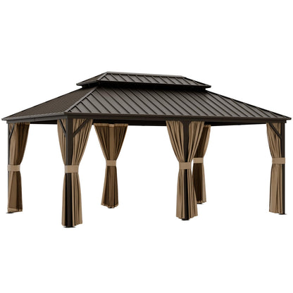 EAGLE PEAK 12x18 Hardtop Gazebo, Galvanized Steel Double Roof with Aluminum Frame, Outdoor Pavilion with Netting and Curtains for Patio, Deck, Lawn and Garden, Dark Brown/Tan