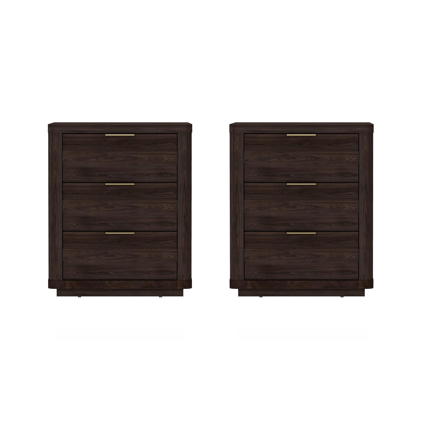 Manhattan Comfort Evelyn Set of 2 Nightstands with Full Extension Drawers, Minimalist Bedside Table with Rounded Corners and Raised Base, Modern Night Stand for Bedroom, or Living Room in Brown