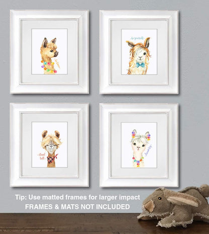 Confetti Fox Llama Nursery Wall Art Decor - 8x10 Unframed Set of 4 Prints, Kids Cute Alpaca Pictures