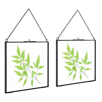 TLBTEK 2 PCS Black 8x8 inch Brass Hanging Photo Frame,Double Glass Frame for Pressed Flowers,Clear DIY Vintage Artwork Display Frame Wall Mounted Photos Frame