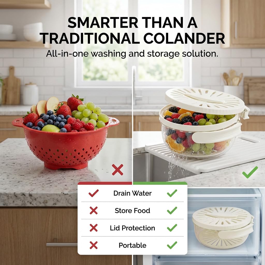 Mesh Fruit Basket Straine, Cleaner Bowl with Lid, 2-in-1 Draining and Preservation Spinner, Multifunctional Vegetable Washer Colander with Foldable Handle for Kitchen Counter