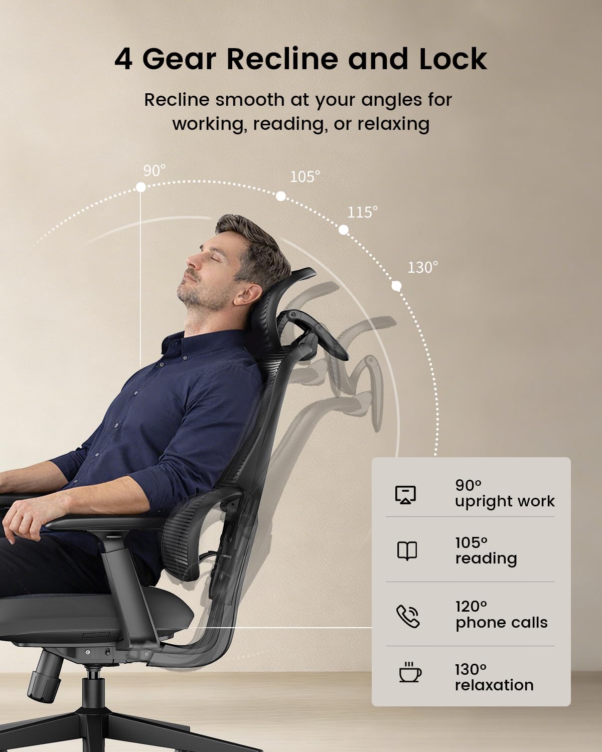 ProtoArc Ergonomic Office Chair – EC300 Adjustable Lumbar High Back Desk Chair, Sliding Seat, 3D Headrest, Wider Armrests, 4 Tilt Backrest Mesh Chairs for Home Office Long Hours Sitting - Black