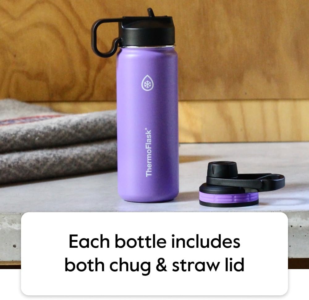 ThermoFlask 40 oz Double Wall Vacuum Insulated Stainless Steel Water Bottles, 2-Pack, Superior Blue/Mauve
