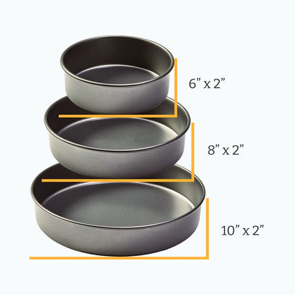 Chicago Metallic Professional 3-Piece Round Cake Pan Set - 6, 8, and 10 Inch Nonstick Carbon Steel Baking Pans, 2 Inches Deep, for Layered Celebration Cakes and Tiered Desserts