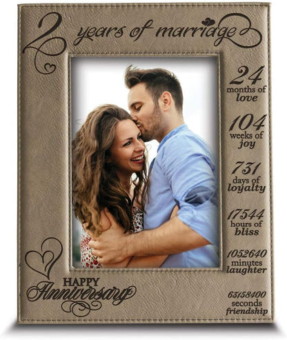 BELLA BUSTA- 2 Years of Marriage, Engraved Leather Picture Frame, Second Anniversary Gift (5 x 7 Vertical)