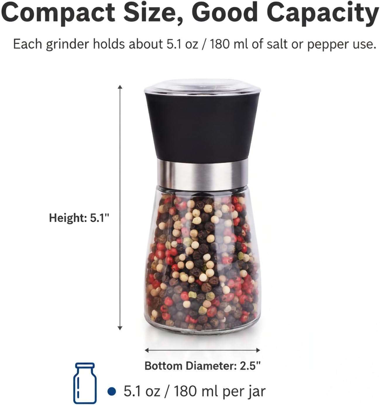 Skiennix Salt and Pepper Grinder Set - Refillable Spice Mills | 2.5" x 5.1" for Fresh Seasoning