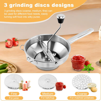 Ergonomic Food Mills With 3 Milling Discs, 8" Stainless Steel Rotary Food Mill with Hand Crank for Tomato Sauce, Mashed Potatoes(Sliver)