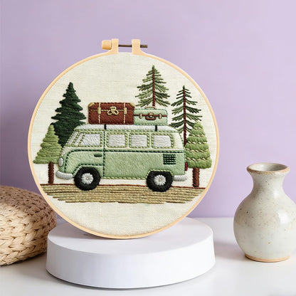 FREEBLOSS 4 Sets Embroidery Kit for Beginners Needlepoint Embroidery Starter Kit with Camping Stamped Patterns, Instructions, Colored Threads, 2 Hoops 20cm/7.9inch