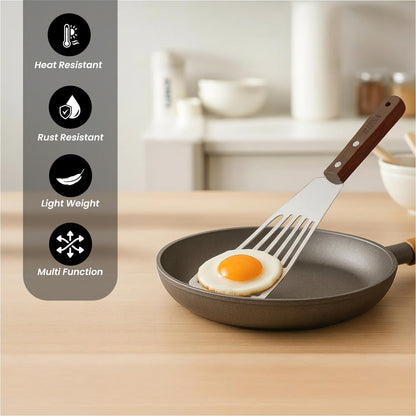Fish Spatula Stainless Steel Pack of 2 | Slotted Fish Turners for Nonstick Cookware Elegant Silver Blade with Natural Walnut Wooden Handle, 11” Flexible Spatula for Home & Professional Cooking
