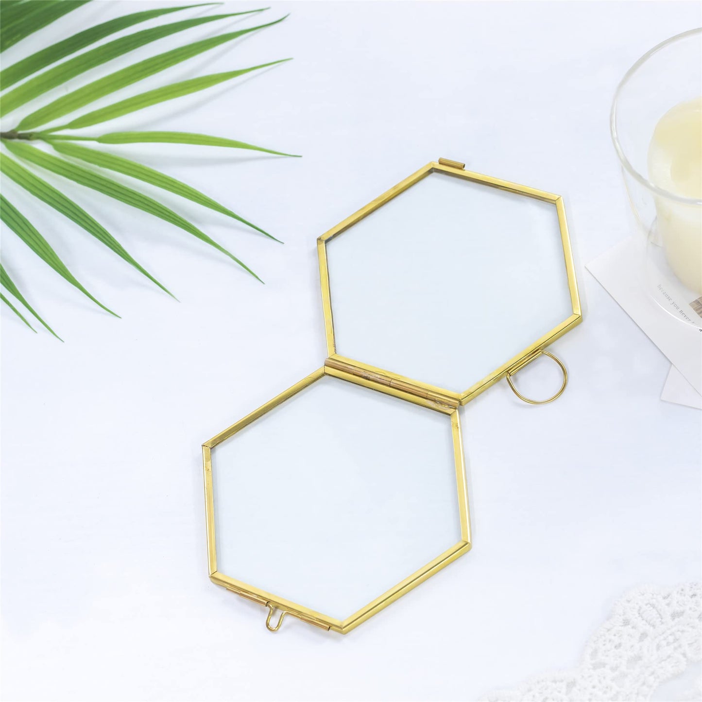 NCYP Mini Glass Floating Frame for Dried Flowers Plants, Photo - Side length 1.9 Inches - Wall Hanging Vertical Decor, Small Double Specimen Clip, Gold Hexagon (Glass Frame Only)