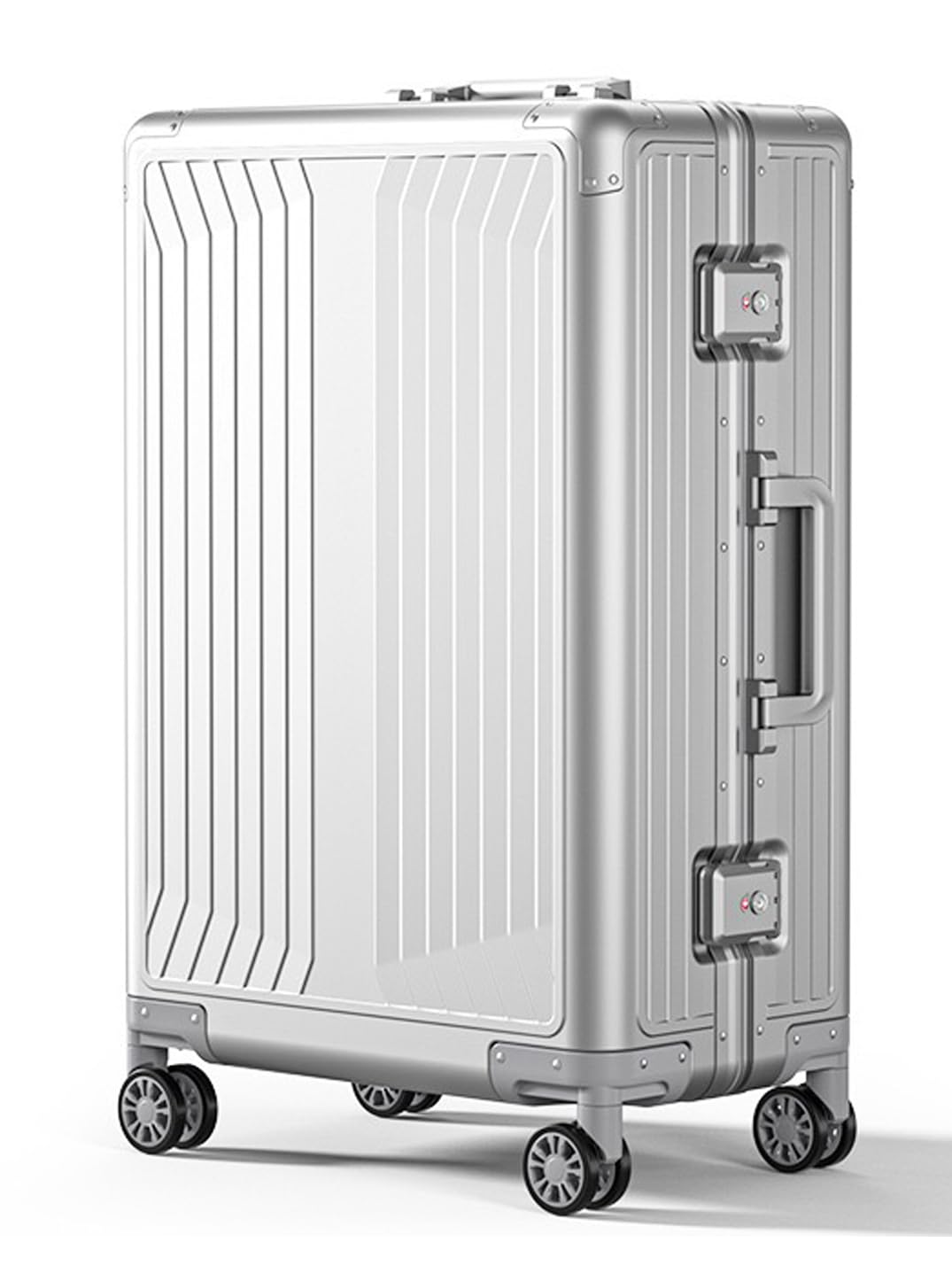KANGSHILU Premium Aluminum Checked Luggage 24”, Metal Shell Zipperless Suitcase with Spinner & Removable Wheels, Size 26.77"x17.32"x9.84", 11.68 lbs, Includes 2 Spare Wheels & TSA Lock (Silver)