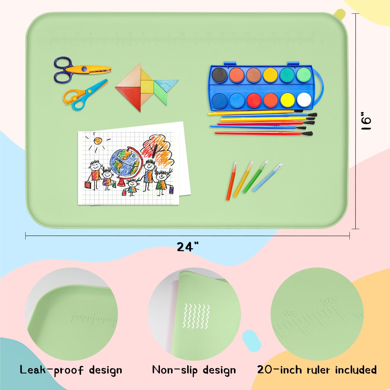 YAMJUG Silicone Mat for Crafts, 24" x 16" Painting Art Mat for Kids with Raised Edges, Silicone Paint Mats for Crafts, Clay, Jewelry-Making & Resin