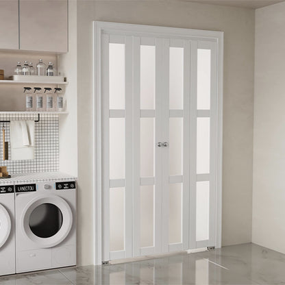 BARNER HOME Bifold Doors for 60"x80" Opening, Tempered Frosted Glass Folding Closet Doors with Concealed Hardware Kit, Preassembled White Bifold Barn Door for Pantry