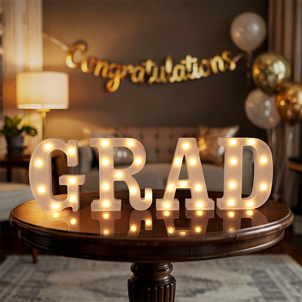 Marquee Letters Numbers Light up Numbers Letters Graduation Decoration GRAD 2026 Battery Powered LED Light White Plastic Letter Number Sign for Class of 2026 Graduation Decorations