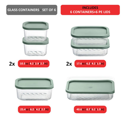 EATEX 6 Pack Glass Meal Prep Containers with Grooved Base, 6 Stackable BPA Free Glass Storage Containers with Lids for Lunch, Pantry, and Kitchen - Microwave, Dishwasher Freezer & Oven Safe - Sage