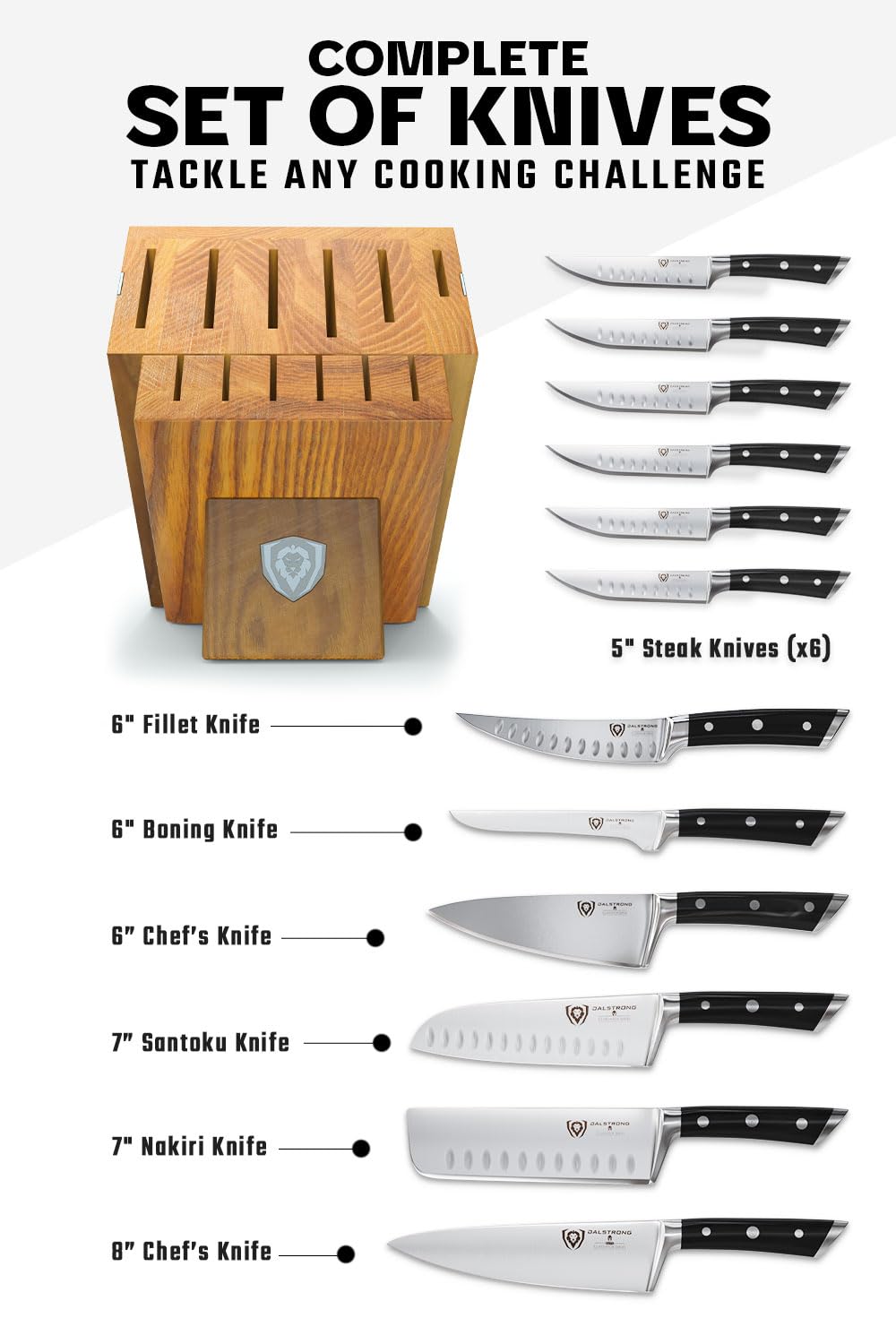 Dalstrong 12-Piece Elite Knife Block Set — German High-Carbon Steel, Full-Tang, Hand-Polished — Chef + Santoku + Nakiri + Boning + Fillet + 6 Steak — Gladiator Series Manchurian Ash Block, NSF