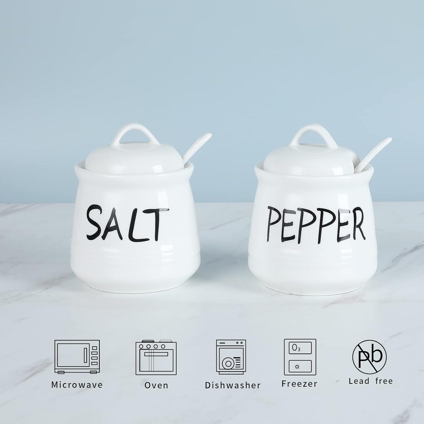 HAOTOP Salt and Pepper Bowls with Lid and Spoon - 12 oz Ceramic Cellar Set, Spice Box for Farmhouse Kitchen Decor