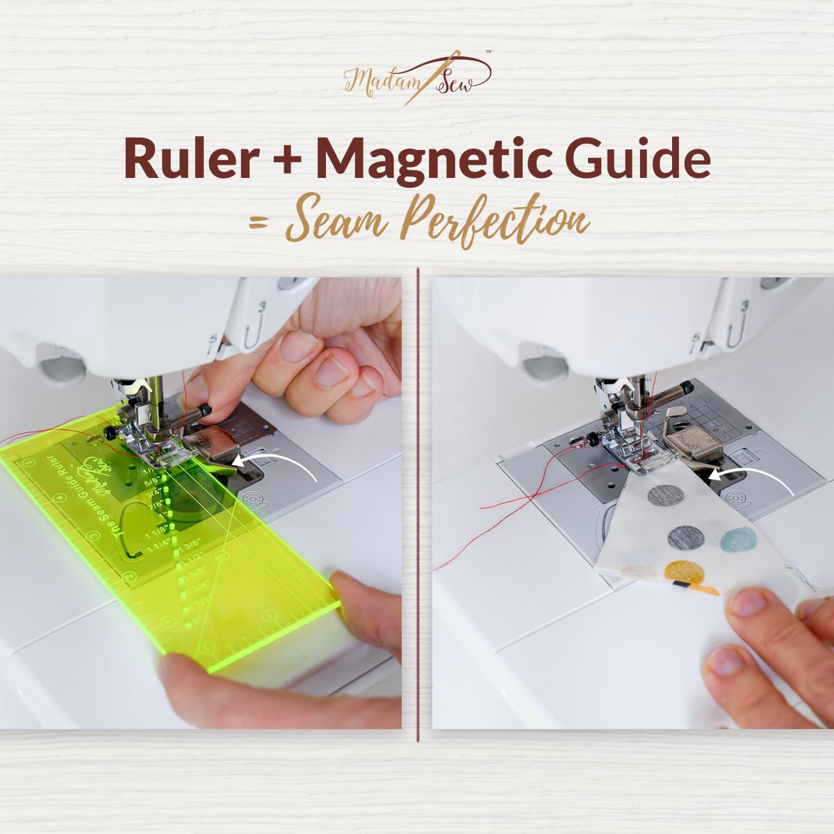 Madam Sew Seam Allowance Ruler & Magnetic Seam Guide for Sewing Machine | Perforated Seam Guide Ruler & Gauge for Perfect 1/8”- 2” Straight Line Hems | Includes 1/4” Pivot Point & 45 Degree Trim Line