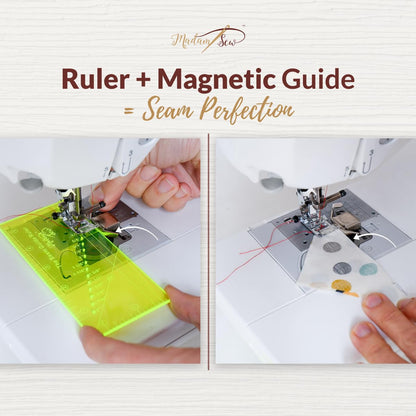Madam Sew Seam Allowance Ruler & Magnetic Seam Guide for Sewing Machine | Perforated Seam Guide Ruler & Gauge for Perfect 1/8”- 2” Straight Line Hems | Includes 1/4” Pivot Point & 45 Degree Trim Line
