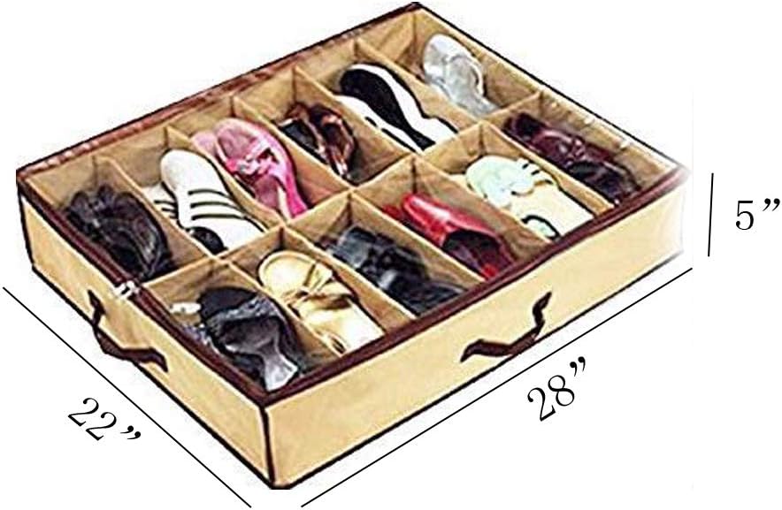Household Shoe Bag for Ladies/Kids, 12 Cells Underbed Foldable Closet Organizer (Beige)