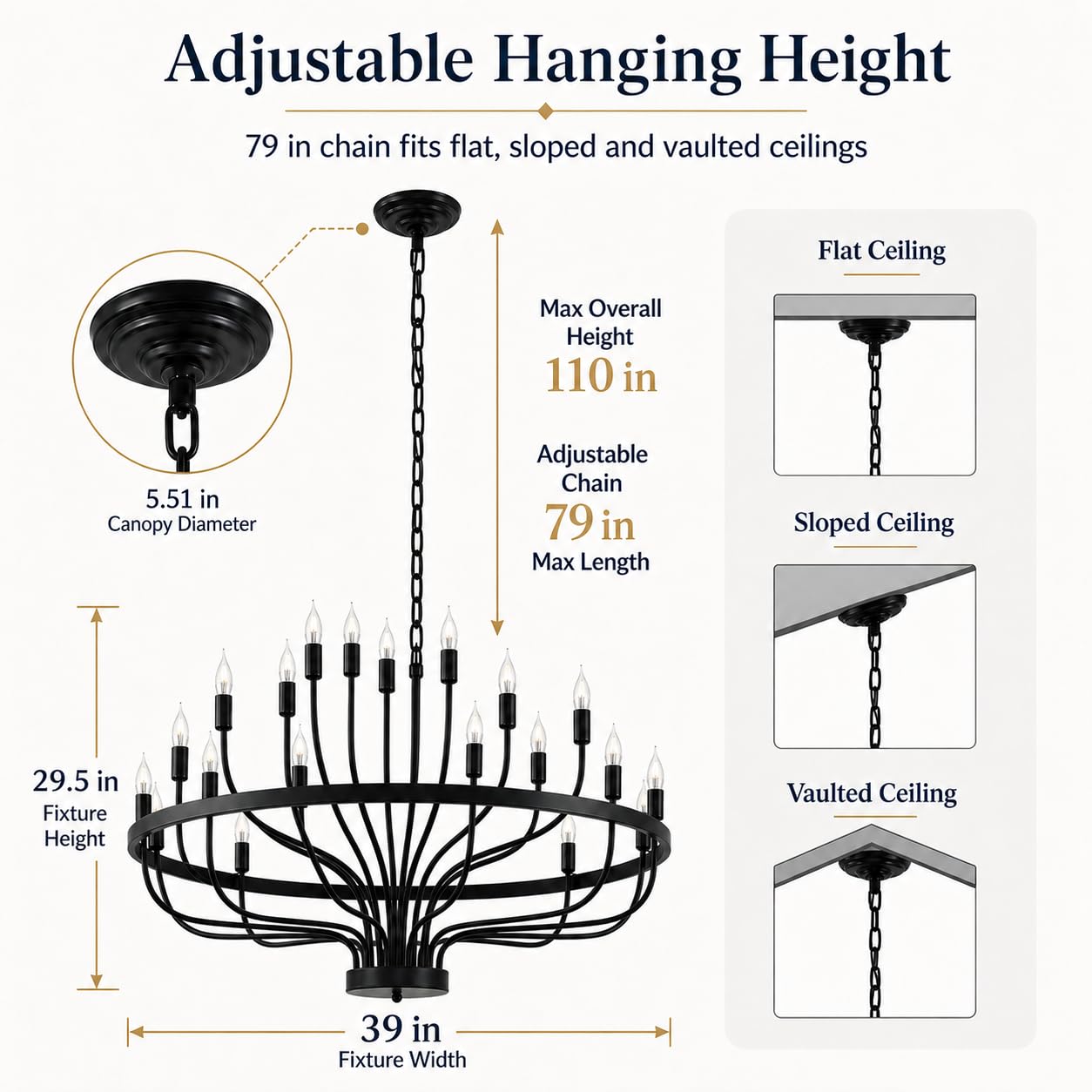 Shandaglo Large Black Chandelier 24-Light, Round 3-Tier Wagon Wheel Fixture, 39 in Farmhouse Candle Pendant with E12 Base for Dining Room, Foyer, Living Room, Hallway, High Ceiling