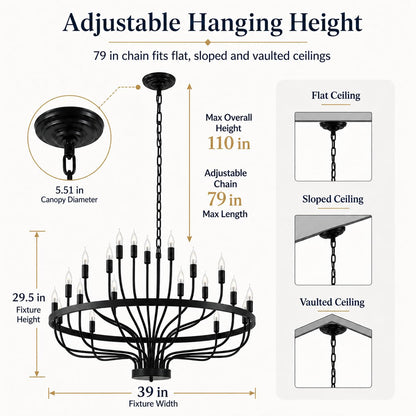 Shandaglo Large Black Chandelier 24-Light, Round 3-Tier Wagon Wheel Fixture, 39 in Farmhouse Candle Pendant with E12 Base for Dining Room, Foyer, Living Room, Hallway, High Ceiling