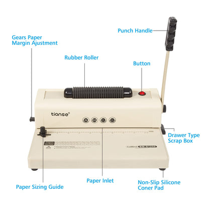 TIANSE Binding Machine - Electric Coil Inserter for Professional Binding, 12-Sheet Punch, for Letter/A4/A5 & Plastic/Metal Coils, with 100 Coil Spines & Pliers for Home, Office, School, DIY