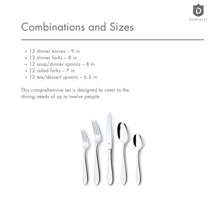 Danialli Modern Silverware Set, 18/10 Stainless Steel Flatware, Mirror Finish, Dishwasher Safe, Elegant Cutlery for Home and Dining, Built to Last (60-Piece, Razzoli)