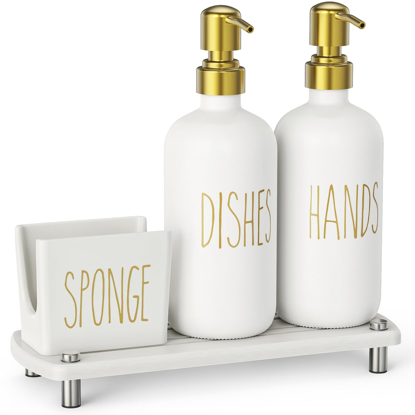 Cisily Kitchen Soap Dispenser Set Comes with Ceramics Sponge Holder, Gold Pumps, and Instant Dry Tray, Hand and Dish Soap Dispenser Set (4, Gold + White + Sponge Holder)