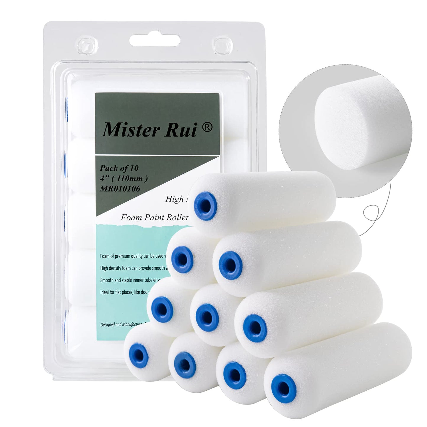 Mister Rui 10 Pack 4 Inch High Density Foam Paint Roller Covers - Small Mini Rollers for Painting Walls, Cabinets, Cupboards, Doors