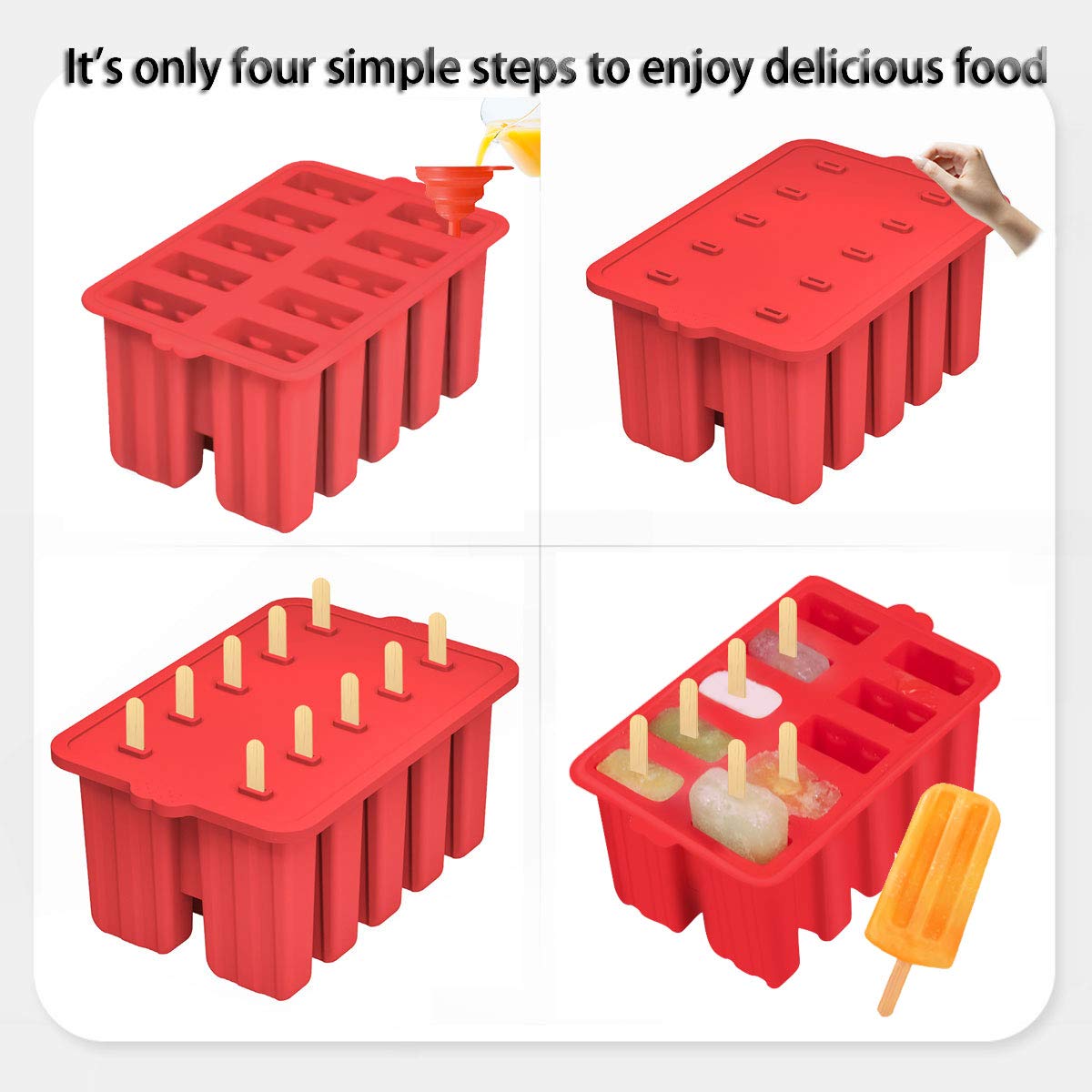 Silicone Popsicle Molds,10 Cavity Homemade ICE Popsicle Molds Food Grade BPA-Free with Popsicle Maker Sticks Popsicles Bags A Funnel,Popsicle Maker Popcycle Mold (Red-10 Cavity)
