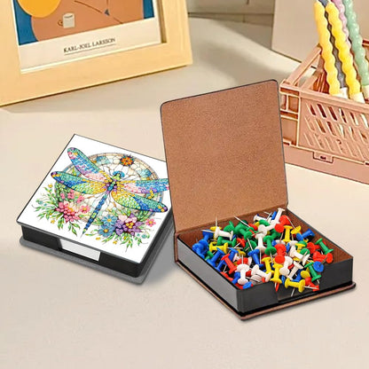 LAKEQUILL Diamond Art Painting Sticky Note Holder, Diamond Art Painting Wooden Memo Paper Storage Box, Notepad Holder with 160 Sticky Notes for Office Desk - Flower Dragonfly
