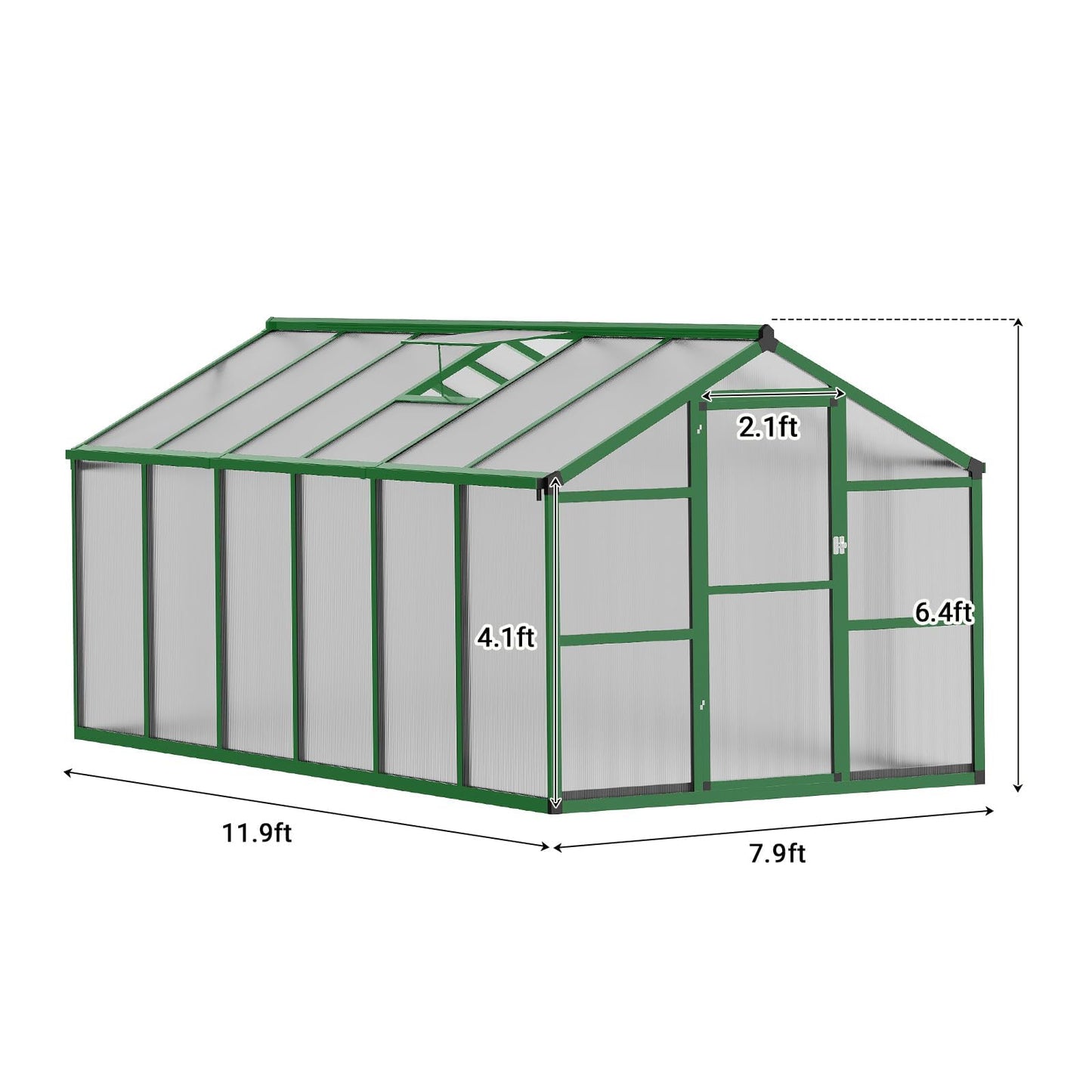8 x 12 FT Greenhouse, Outdoor Sliding Door, Polycarbonate Greenhouse with Aluminum Frame, Lockable Door and Ajustable Roof Vent for Backyard, Outside Garden Backyard, Patio, Green