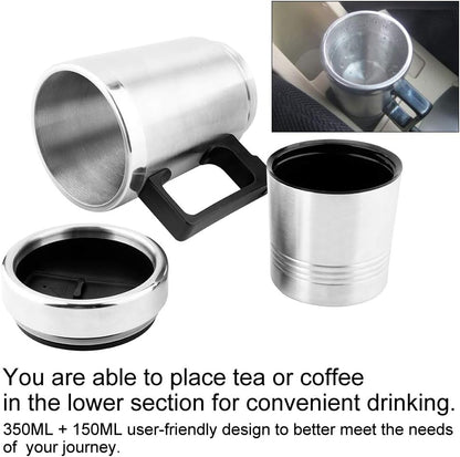 Car Heating Cup, 350ml + 150ml Stainless Steel Portable Hot Water Cup, Electric Quick Heating Bottle