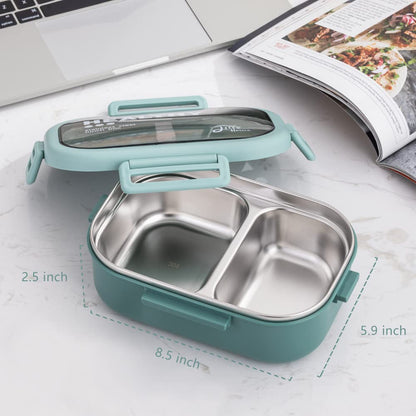 Lille Home 28oz Stainless Steel Leakproof 2-Compartment Bento Lunch Box/Portion Control Food Container with Lunch Bag and Cutlery Set, BPA Free
