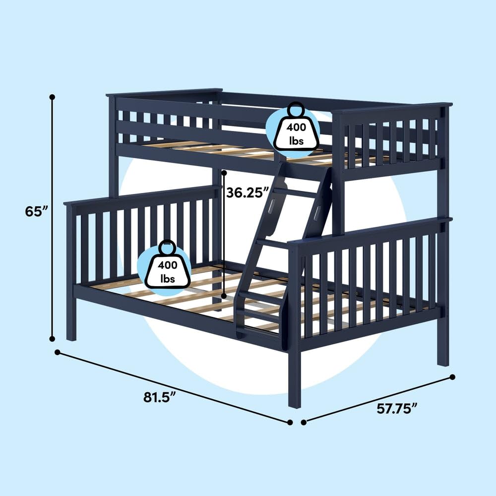 Max & Lily Bunk Bed Twin Over Full Size with Ladder, Solid Wood Platform Bed Frame with Ladder for Kids, 14" Safety Guardrails, Easy Assembly, No Box Spring Needed, Blue