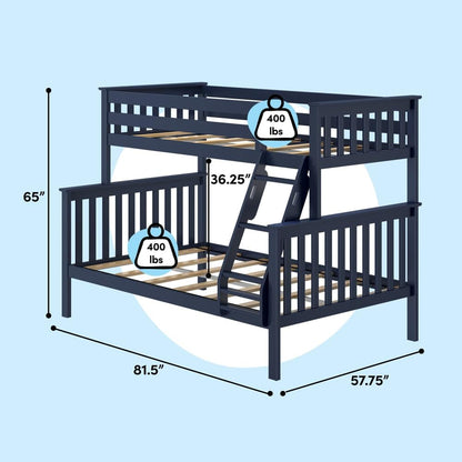 Max & Lily Bunk Bed Twin Over Full Size with Ladder, Solid Wood Platform Bed Frame with Ladder for Kids, 14" Safety Guardrails, Easy Assembly, No Box Spring Needed, Blue