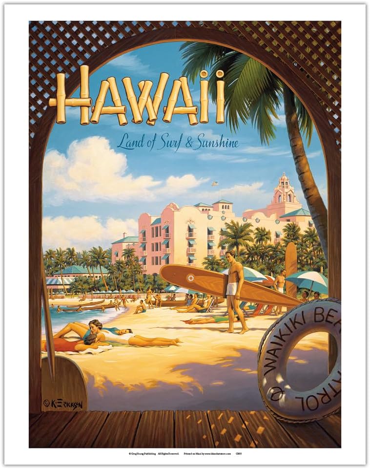 Hawaii Land of Surf & Sunshine - Waikiki Beach - Vintage Hawaiian Travel Poster by Kerne Erickson - Fine Art Matte